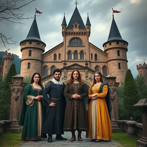 Affiche de la série 'Chroniques de la Renaissance', montrant des personnages en costumes d'époque se tenant devant un château imposant.