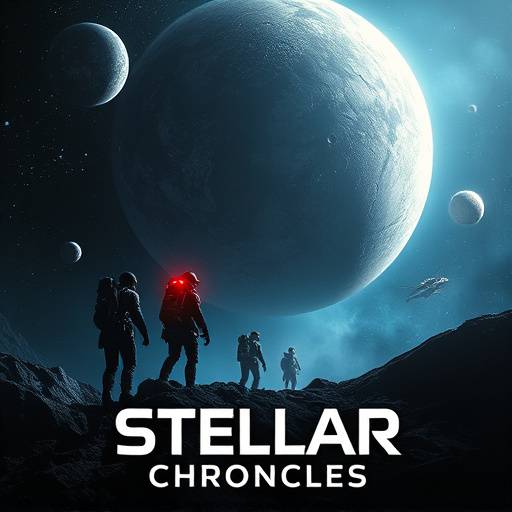 Affiche de la série 'Les Chroniques Stellaires', avec une équipe d'explorateurs spatiaux sur une planète inconnue.