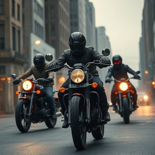 Affiche de la série 'Les Justiciers de la Route', montrant un groupe de motards luttant contre la criminalité urbaine.