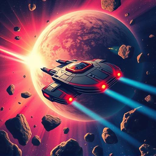 Affiche de la série 'Les Étoiles d'Andromède', montrant un vaisseau spatial naviguant à travers un champ d'astéroïdes colorés.