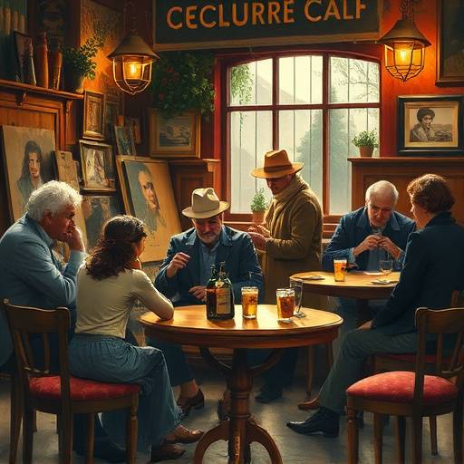 Image de la série 'Café des Artistes', montrant un groupe d'artistes bohèmes réunis dans un café.