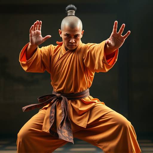 Image de la série 'Chroniques Martiales', montrant un moine Shaolin maîtrisant les arts martiaux.
