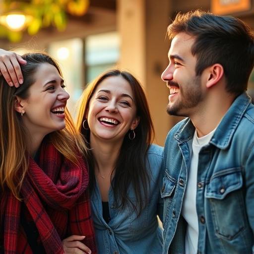 Image de la série 'Rire et Confidences', montrant un groupe d'amis partageant un moment de joie.