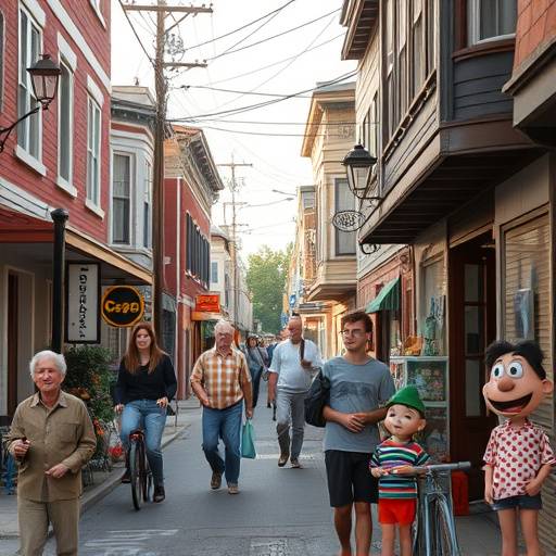 Image de la série 'Voisins, Voisines', montrant une rue animée avec des voisins excentriques.